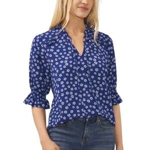 CeCe 3/4 Sleeve Tie Neck Floral Print Blouse in Twilight Blue NWOT